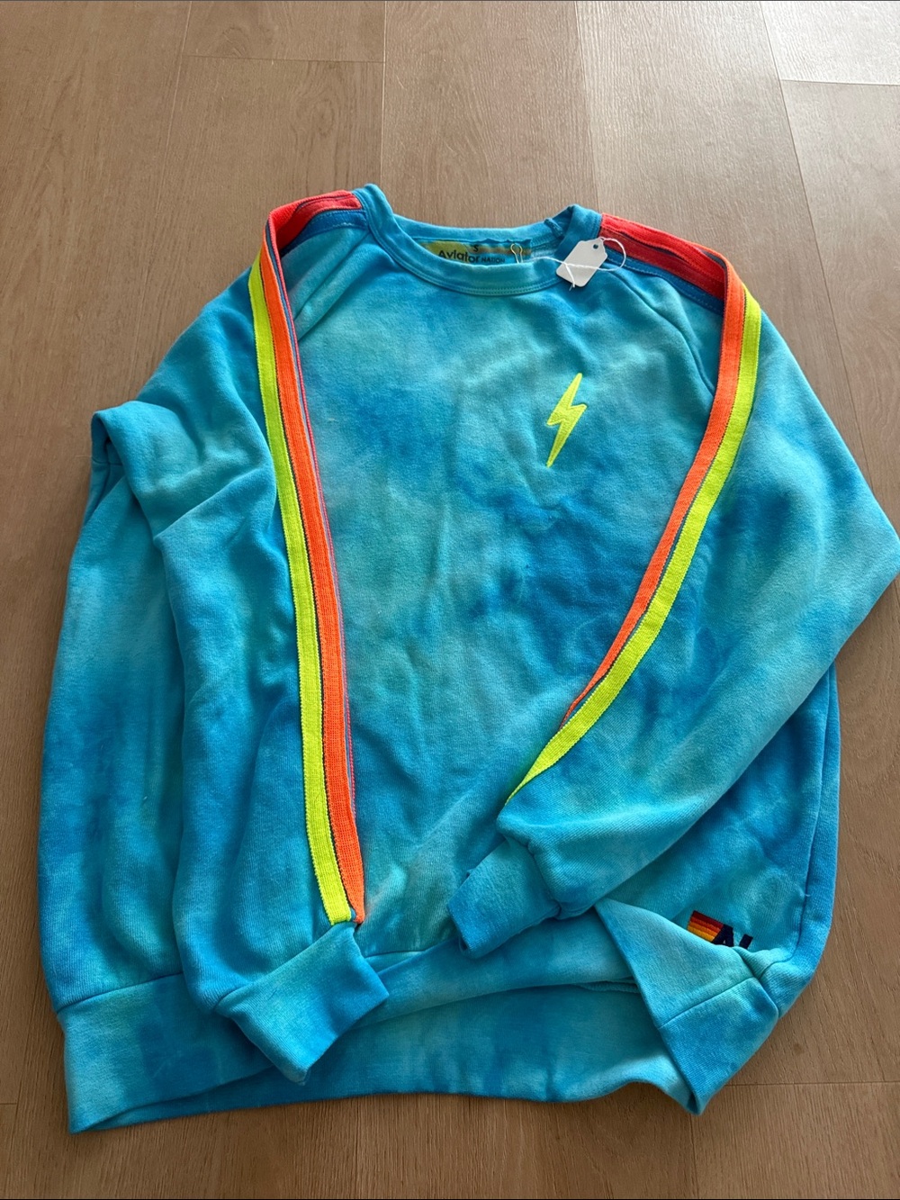 Aviator Nation Turquoise Tie-Dye Sweatshirt with Neon Lightning & Stripes